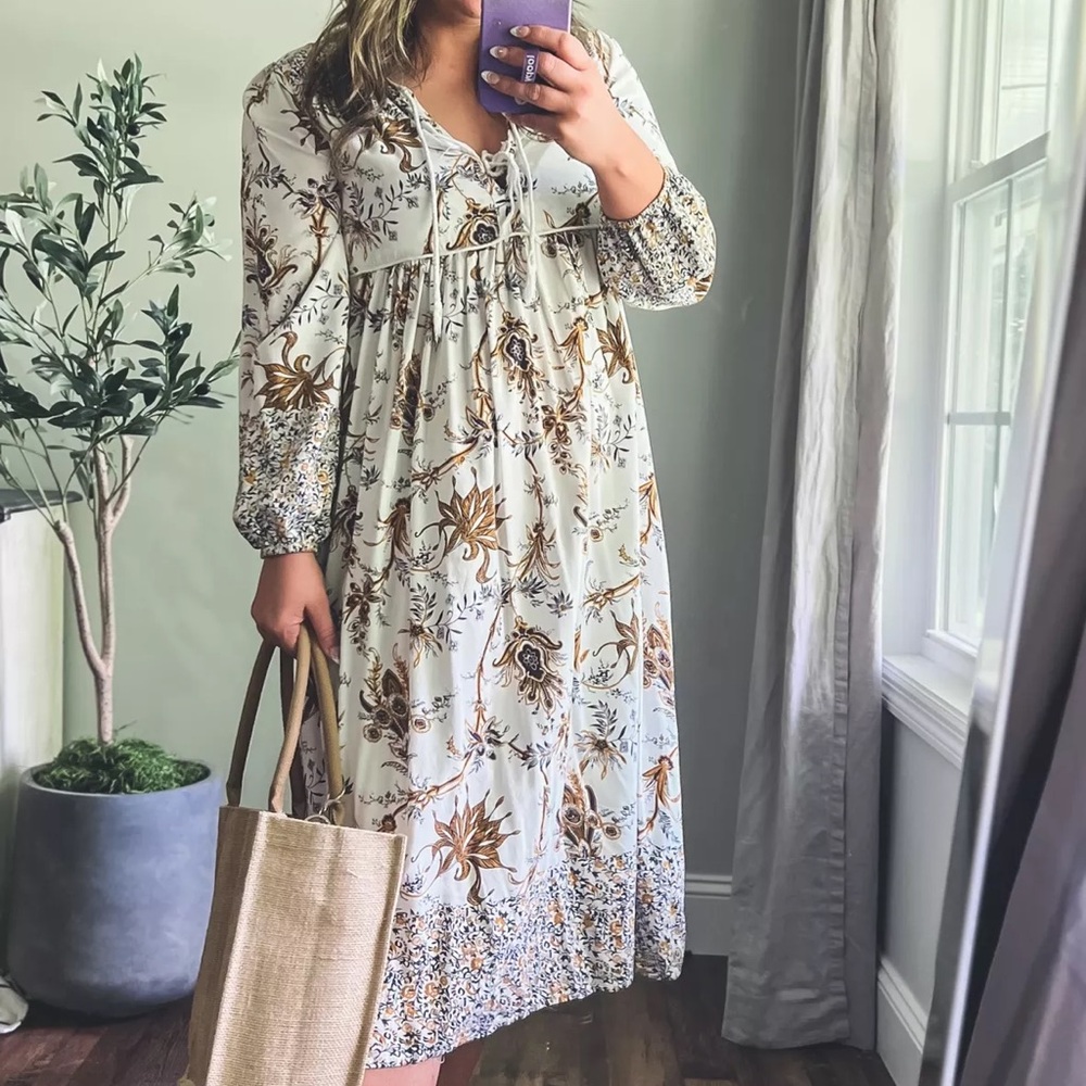 Cream Smocked Long Sleeve Sundress